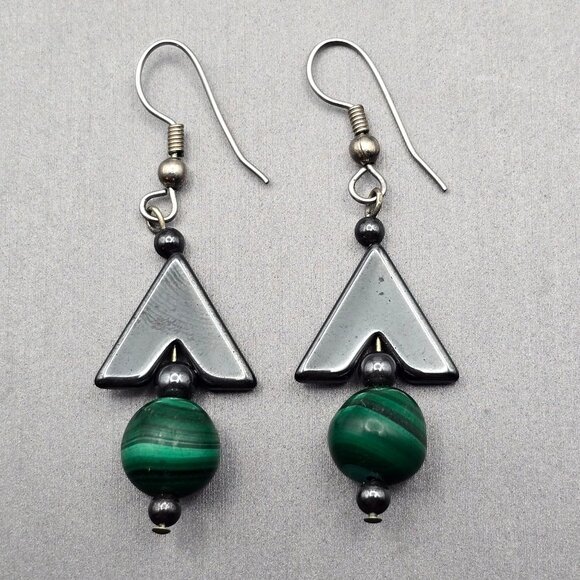 VTG Malachite & Hematite Drop Earrings 2" Sterling Silver Hook Closures - Picture 1 of 6
